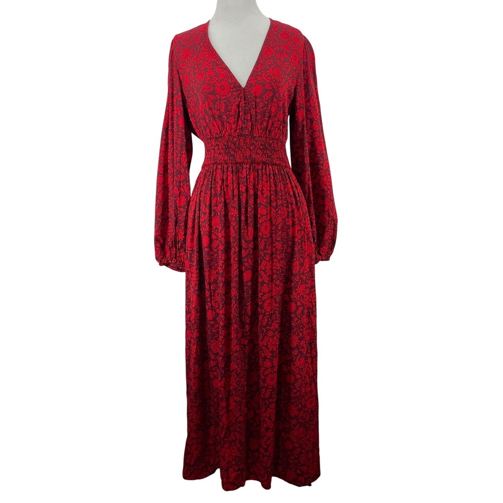 Knox Rose Size X-Small Maxi Dress Red Floral Smocked Waist Balloon Sleeve Women